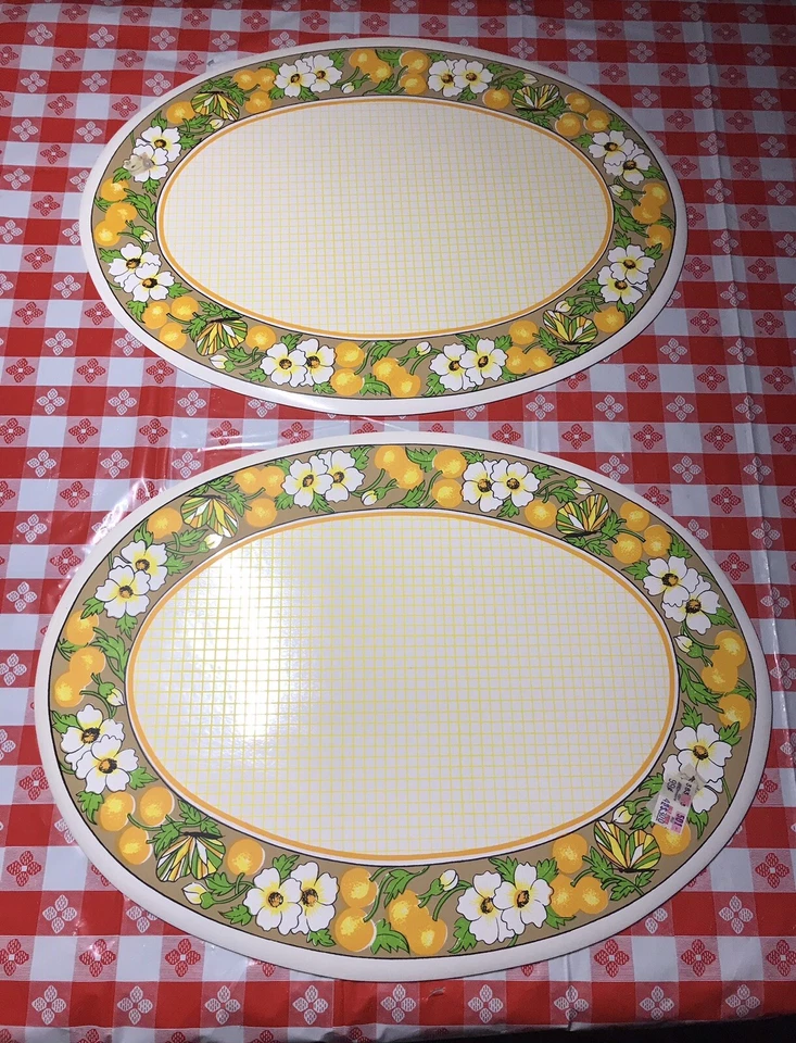 Vintage Vinyl Placemats with fruit, flower and butterfly design Set of Two - Image 1 of 4