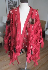 Vintage Hippie Red Suede Leather Lace Women's One Size Cape Fur Feather Accents - Picture 1 of 8