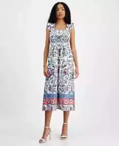 Anne Klein Floral-Print Smocked Midi Dress Women's L Multi Square Neck Pullover - Picture 1 of 12
