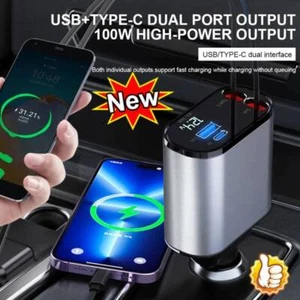 100W 4IN1 Retractable Car Charger USB Type-C Cable For Phone Fast Charge Adapt- - Zdjęcie 1 z 8