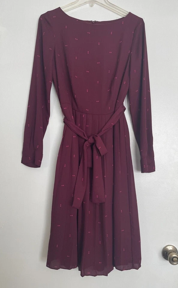 Ann Taylor Burgundy Red Square Dot Pleated Long Sleeve A-Line Midi Dress Size 4 - Image 1 of 4