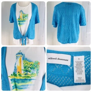 2-PC Alfred Dunner Tie Front Cardigan Sweater Blue Jacket/Tank Blouse Shirt Top - Picture 1 of 9