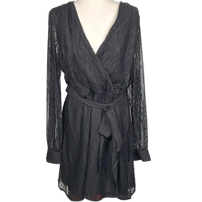Express Dress Women XL Black Lace Long Sleeve Wrap Tie Sheer Party Elegant - Image 1 of 4