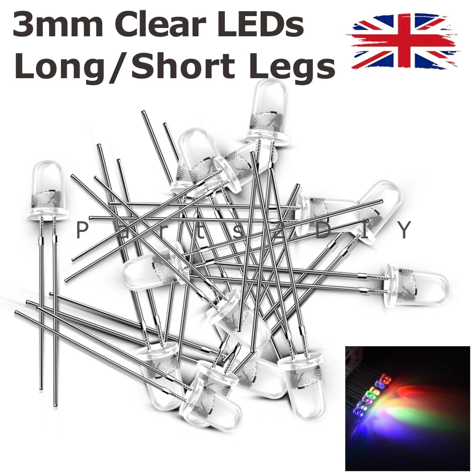 3mm LED CLEAR LENS TRANSPARENT Lamp Light Emitting Diode Short/Long Legs