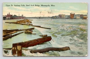 Steel Arch Bridge St Anthony Falls Minneapolis MN Lumber Logs c1910 VTG Postcard - Picture 1 of 4