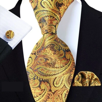 Clásico Paisley Dorado Marrón Jacquard Seda Hombre Corbata Corbata Hanky Juego de Gemelos Foto 1 de 4