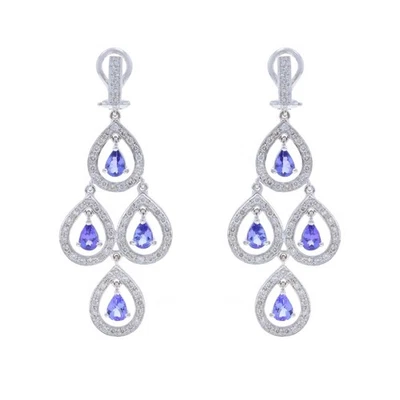 White Gold Tanzanite Diamond Chandelier Dangle Earrings 18k Pear 4.66ctw Pierced - Image 1 of 4