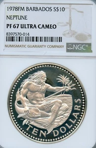 BARBADOS $10 DOLLARS SILVER PROOF CROWN 1978 PF-67 UCAM NGC NICE NEPTUNE MAHI - Picture 1 of 2