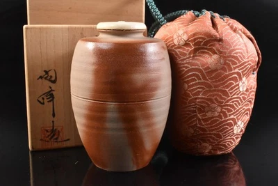 U9833: XF Japanese Bizen-ware Youhen padrão TEA CADDY Chaire, automático com caixa assinada - Imagem 1 de 4