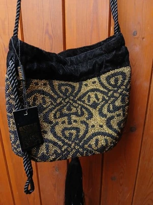 Biba Black & Gold Logo Bead Sequin Velvet Evening Deco Bag  Vintage Vibes - NEW - image 1 of 4