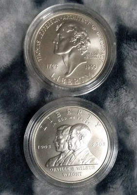 2 US 90% Silver Dollar Coins 2003 Wright Brothers Thomas Jefferson BU Comm. Nice - Image 1 of 4