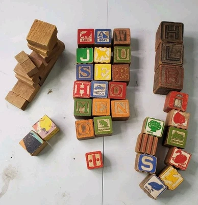 Vtg Lot Of 33 Wooden Building Blocks Numbers Letters Alphabet 1.25” - Image 1 of 4