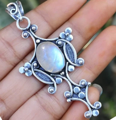 Rainbow Moonstone Gemstone 925 Sterling Silver Pendant Magic Moment Jewelry - Image 1 of 4