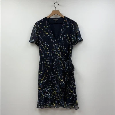 Banana Republic Floral Chiffon Surplice V-Neck Wrap Mini Dress Navy 8 - Image 1 of 4