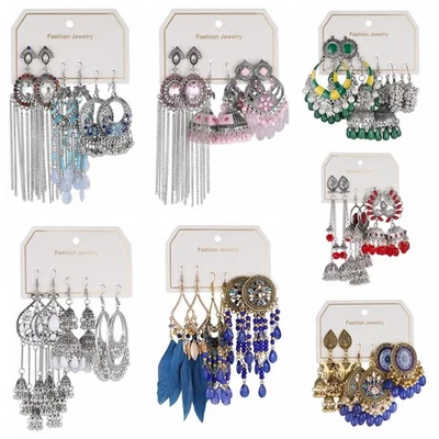 3Pcs Retro Ethnic Earrings Set India Boho Tassel Feather Hollow Dangle Earrings - Image 1 of 4