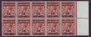 MOROCCO AGENCIES - 1925 George V - Surcharge 15 Centimes - Block of 10 - MNH - Picture 1 of 2