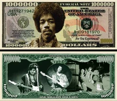 Jimi Hendrix Million Dollar Bill Play Funny Money Novelty Note +FREE SLEEVE