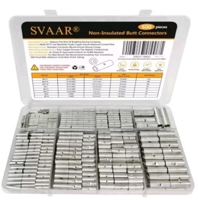SVAAR Non-Insulated Butt Connectors 500PCS Butt Splice Connectors 26 - 6 AWG NEW - Image 1 of 4