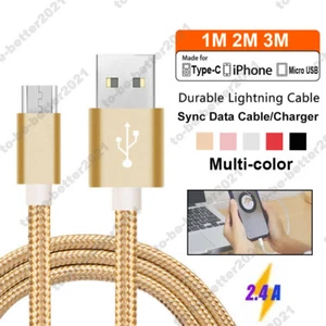 1M 2M 3M Type-C Micro USB Fast Charger Cable For iPhone iOS Samsung Android 2.4A - Picture 1 of 24
