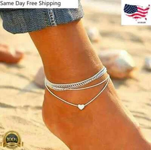 Women Double Ankle Bracelet Silver Anklet Foot Jewelry Girl's Beach Chain US - Picture 1 of 3