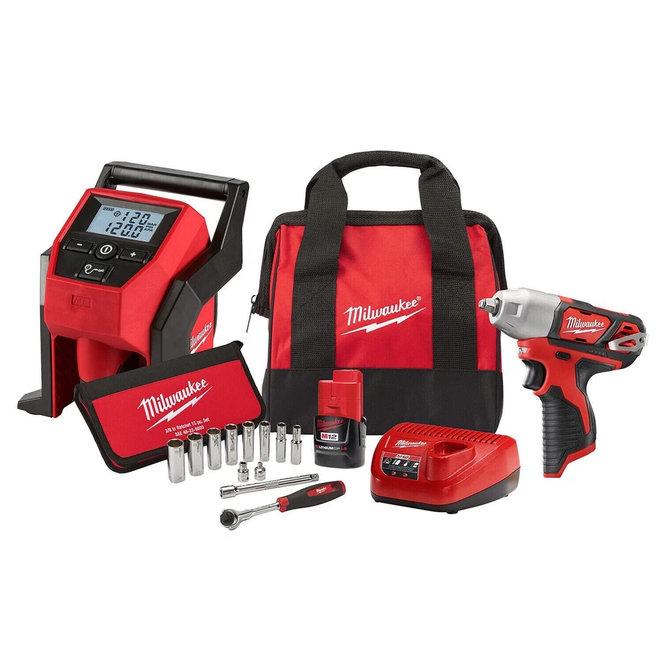 Chave de impacto sem fio Milwaukee 2463-21RS M12/M23 inflador e conjunto de soquete 12 peças - Imagem 1 de 1