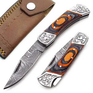 Damascus handmade Back Lock Folding Pocket knife Camping Hunting knife & Pouch - Picture 1 of 8