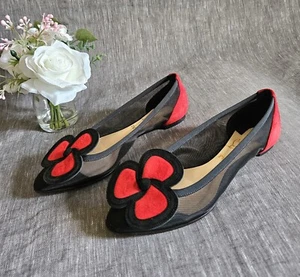 Women's Christian Louboutin Red Suede Black Mesh Designer Flats Size 5 US - Picture 1 of 14