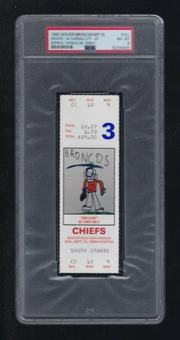 POP 1 / PSA 8 - DERRICK THOMAS DEBUT 1989 NFL CHIEFS @  BRONCOS FULL TICKET Cover