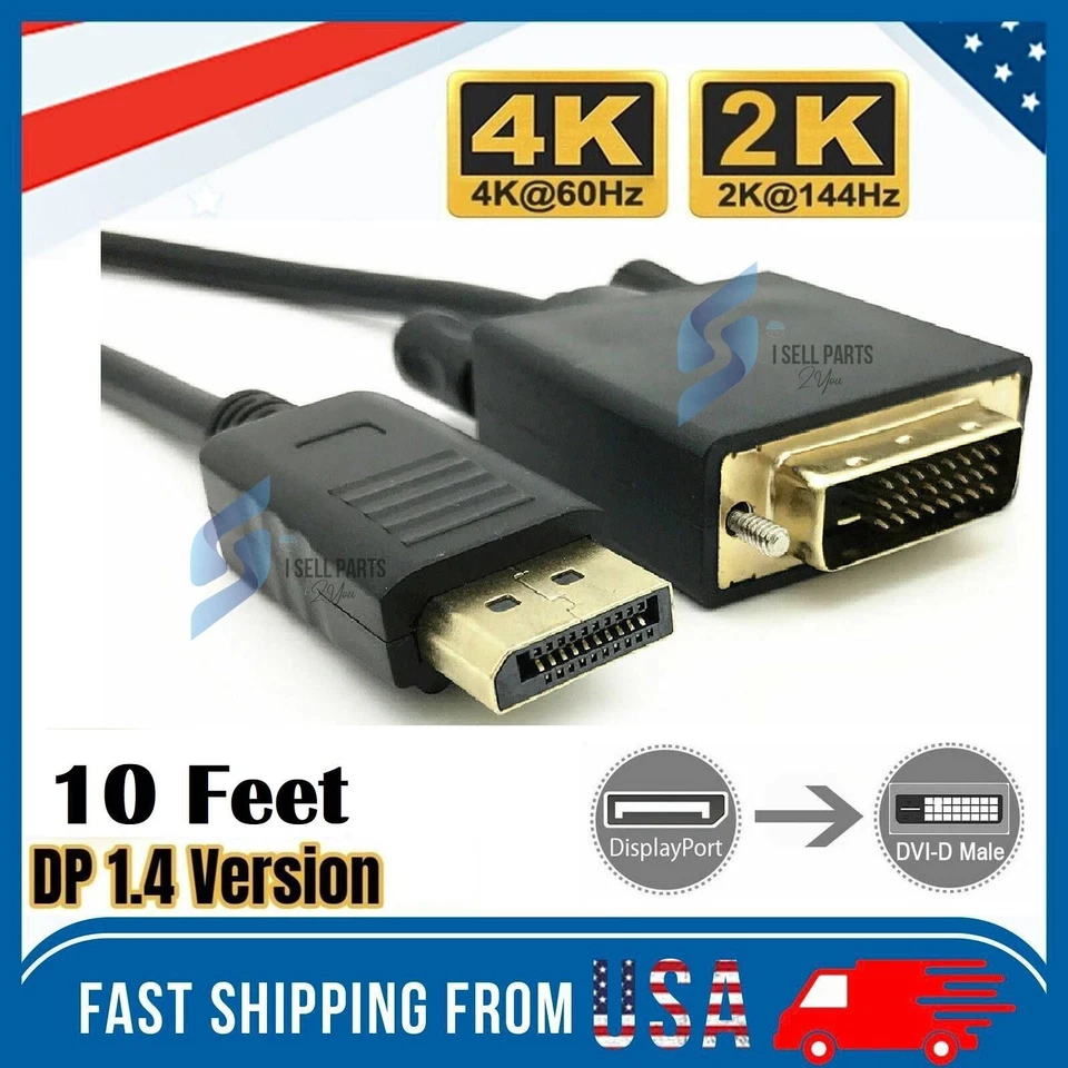 10 Feet Gold Plated DisplayPort DP to DVI-D Male Dual Link Cable Adapter 1080p - Image 1 of 4
