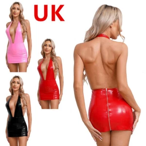AU Women's Mini Dress Wet Look Leather Backless Bodycon Halter Deep V Neck Club - Picture 1 of 42