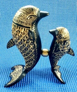 Dolphins Mother & Baby 6" Solid Brass Hand Etched Painted Statue Figurine - Picture 1 of 4