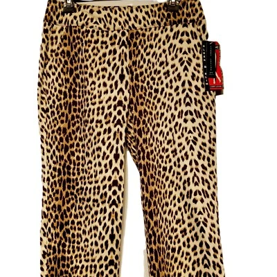 Calça cropped Larry Levine estampa animal tamanho 8 perna fina elástica preta/castanho nova com etiquetas - Imagem 1 de 4
