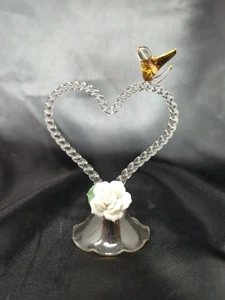 Clear Glass Bird + White Rose Heart Figurine Gold Detail Bird Flower Figure New - Picture 1 of 4