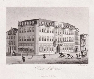 Frankfurt am Main Hotel zum Schwan Ansicht Aquatinta Radierung 1830 - Imagen 1 de 1