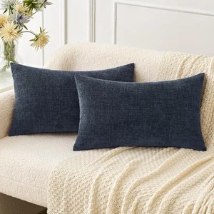 Pack of 2 Couch Throw Pillow Covers 12x20 Inch Soft Navy Blue Chenille Pillow... - Picture 1 of 6