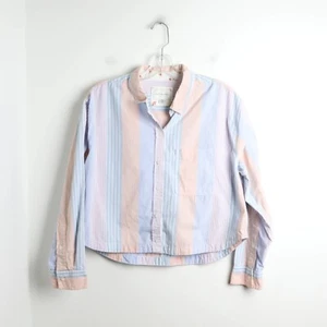 American Eagle AEO Cropped Button-Up Shirt striped pinstripe blue pink short M - Picture 1 of 9