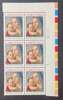 US 2514 25c Christmas Madonna & Child unused plate block of four+2 never hinged - Image 1 of 4