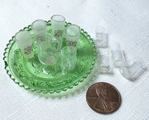 Dollhouse Miniature Green Platter, Pitcher, Glasses and Flowered Glasses - Picture 1 of 7