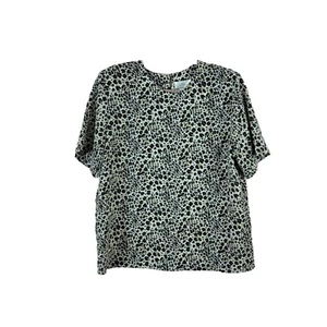 VINTAGE KATHY CHE womens L animal print short sleeve shoulder pad satin blouse - Picture 1 of 4