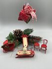 Red Metal Christmas Ornament Lot 6 Water Can Chairs Sleds Carriage C6