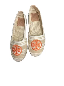 Tory Burch Canvas Stripe Orange Embroidered Logo Jute Flat Espadrilles Sz.7 $198 - Picture 1 of 6