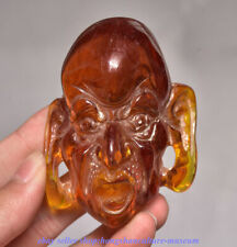 3 " Old Chinese Amber Carved Arhat Rohan Buddha Head Bust Statue