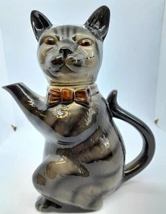 VINTAGE "PUSSY FOOT" TONY WOOD STUDIO GREY/BLACK TABBY CAT TEA POT EUC - Picture 1 of 12