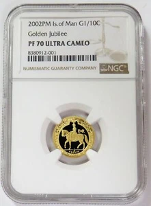 2002 GOLD 500 MINTED ISLE OF MAN 1/10oz CROWN GOLDEN JUBILEE NGC PROOF 70 UC - Picture 1 of 2