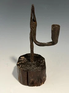 A Rare 18th Century Welsh Wrought Iron Rush light Candle holder on Oak Base - Picture 1 of 10