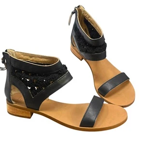 Latigo Rupee Black Leather Macrame Details Rear Zip Sandals Womens Size 9.5 NWOB - Picture 1 of 10