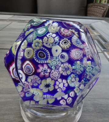 Signed Pairpoint Glass Clichy Rose Style Assorted Millefiori Faceted Paperweight - Image 1 of 4