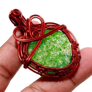 Green Titanium Druzy Gemstone Copper Pendant Handmade Wire Wrap Jewelry 2.3" - Picture 1 of 6