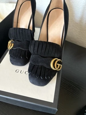 Gucci Negro Gamuza Marmont Con Flecos GG Logo Plataforma EU 37-7 4” Tacón Foto 1 de 4