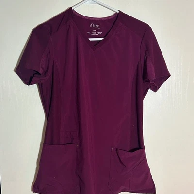 IFLEX Cherokee Scrub Top Women S V-Neck Short Sleeve Burgundy Wine Pockets - Image 1 of 4